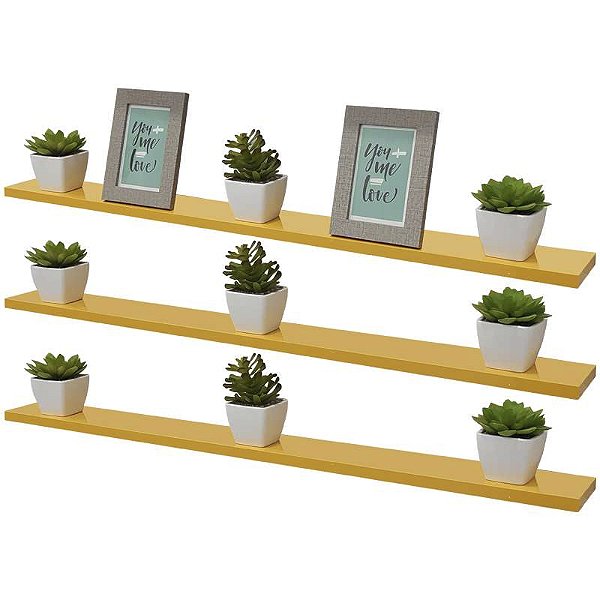 Kit 3 Prateleiras 80 x 20cm Amarela Suporte Invisível