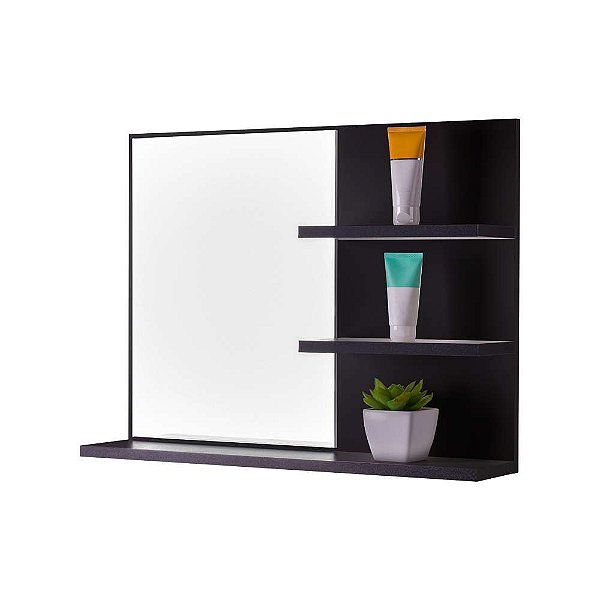 Espelho para Banheiro com Prateleiras Lugano Preto 60 x 45cm