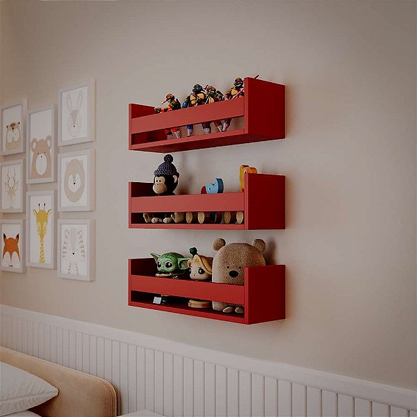 Kit 2 Prateleiras Porta Brinquedos Vermelha 50 x 12cm Suporte Invisivel