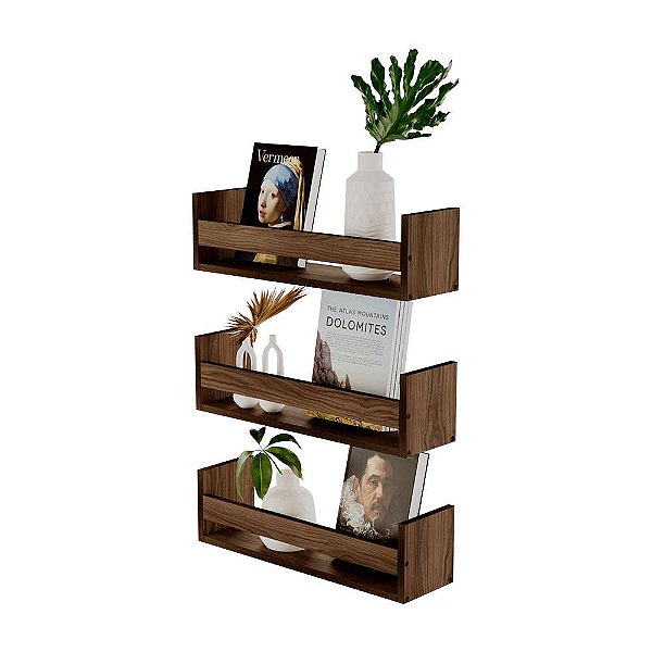 Kit 3 Prateleiras Porta Livros Nogal 60 x 12cm Suporte Invisivel
