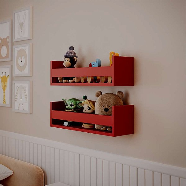 Kit 2 Prateleiras Porta Brinquedos Vermelha 70 x 12cm Suporte Invisivel