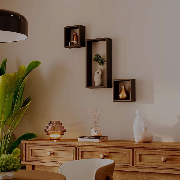Conjunto 3 Nichos Decorativos Modulares Preto Quarto Sala