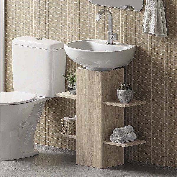 Coluna Multiuso para Banheiro com Nichos Decorativos Carvalho