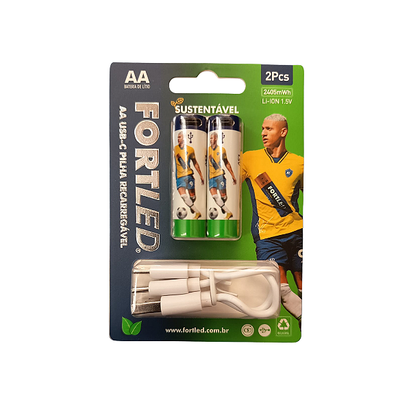 Pilha Alcalina Recarregável USB AA C/2 Fortled