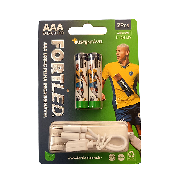 Pilha Alcalina Recarregável USB AAA C/2 FORTLED