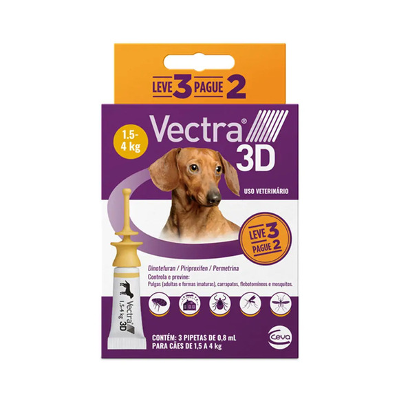 Antipulgas Vectra 3D Cães 1,5 a 4 kg Ceva 0,8 ml Leve 3 Pague 2 3 pipetas