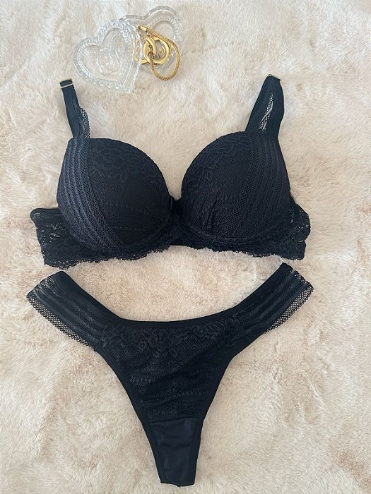 Conjunto elegante fio preto sutia com bojo - tam M