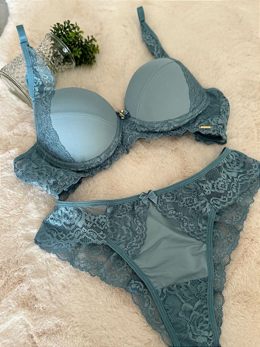 Conjunto renda com microfibra cor azul sanremo