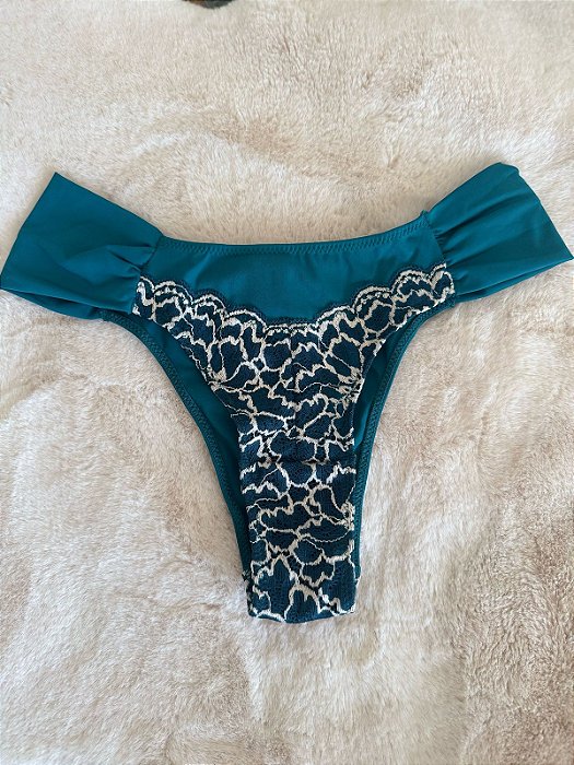 Calcinha fio dental drapeado lateral com bordado - verde pavão