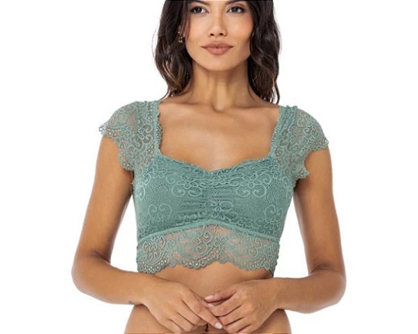 Sutia cropped em renda e tule verde sem bojo