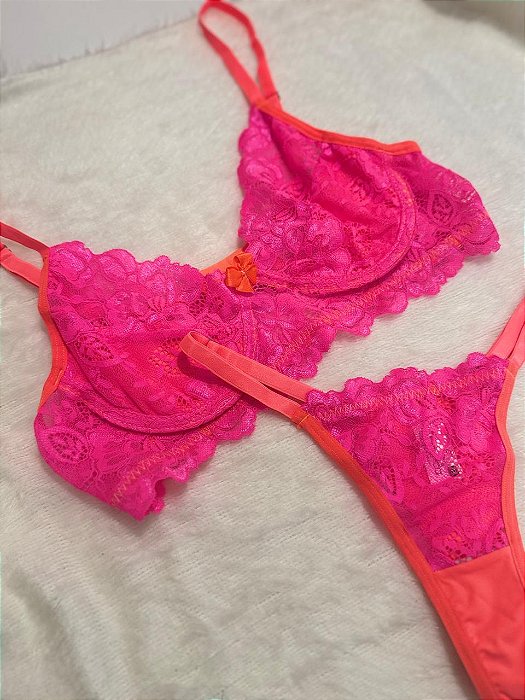 Conjunto fio dental em renda neon rosa e laranja sem bojo