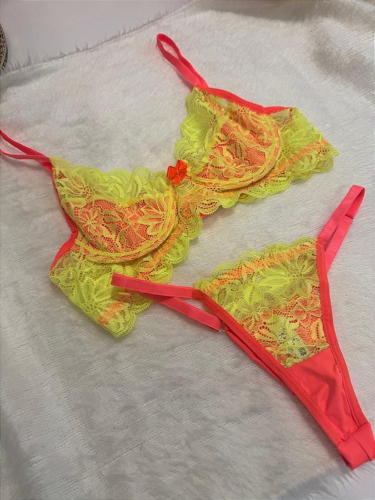 Conjunto fio dental em renda neon amarelo e laranja