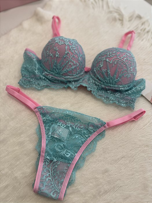 Conjunto fio dental em renda sutiã com bojo tam P