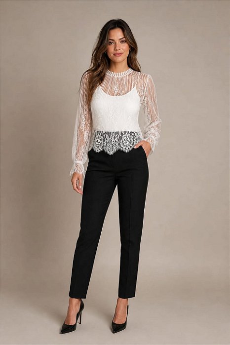 Blusa manga longa renda chantilly branca