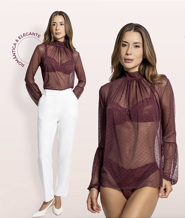 Blusa tule manga bufante com detalhe poá na mesma cor