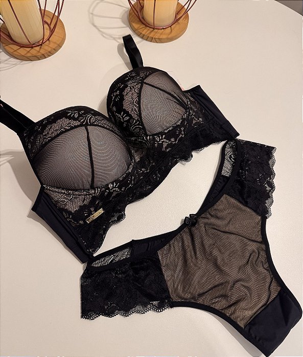 Conjunto PLUS tule e renda calcinha fio duplo