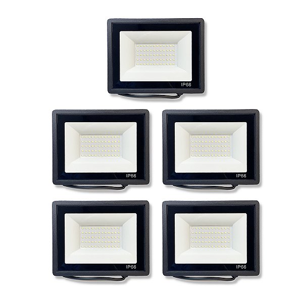 Kit 5 Refletores Slim Led Alumínio Preto 200w Branco-Frio