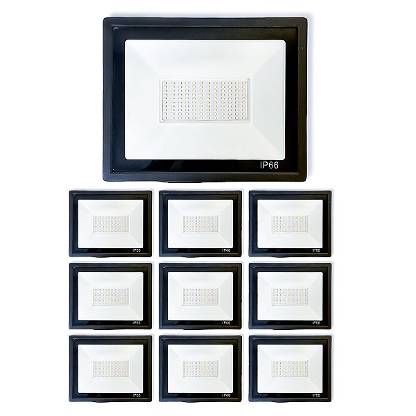 Kit 10 Refletores Slim Led Alumínio Preto 200w Branco-Frio