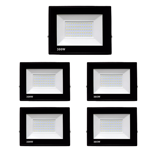 Kit 5 Refletores Slim Led Alumínio Preto 300w Branco-Frio