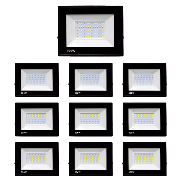 Kit 10 Refletores Slim Led Alumínio Preto 300w Branco-Frio