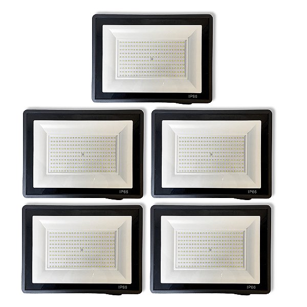 Kit 5 Refletores Slim Led Alumínio Preto 400w Branco-Frio