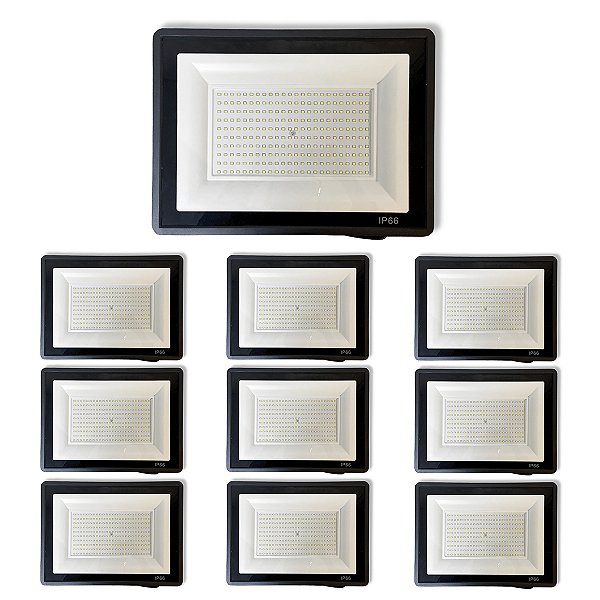 Kit 10 Refletores Slim Led Alumínio Preto 400w Branco-Frio