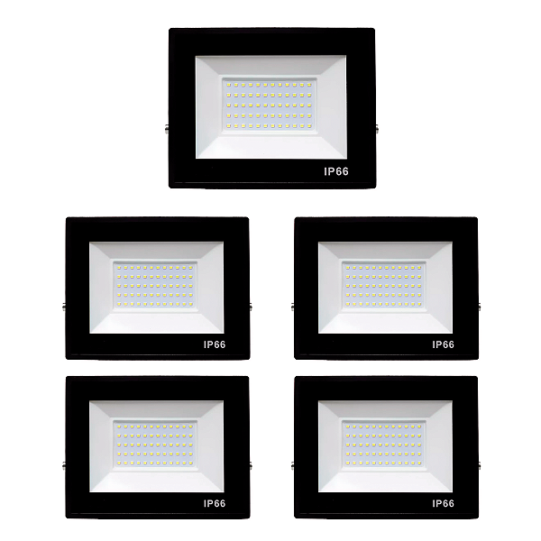 Kit 5 Refletores Slim Led Alumínio Preto 150w Branco-Frio