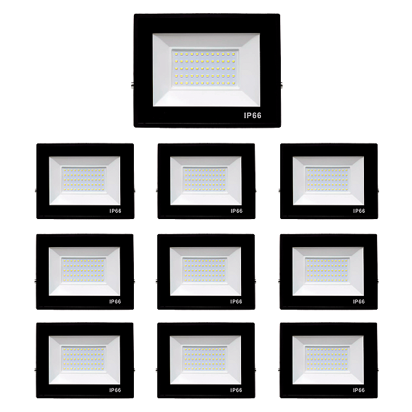 Kit 10 Refletores Slim Led Alumínio Preto 150w Branco-Frio