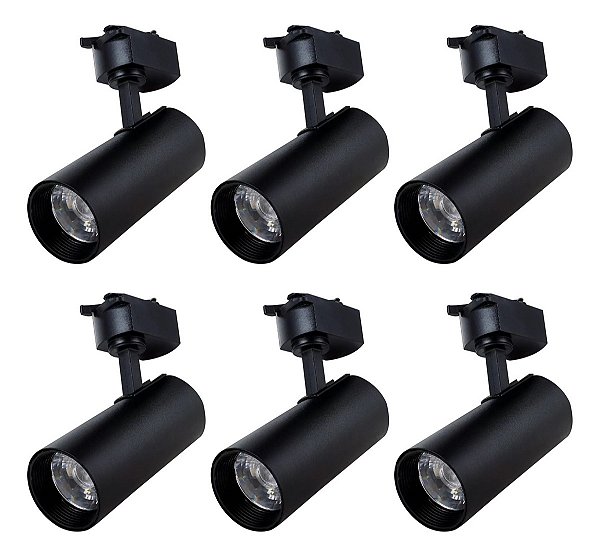 Kit 6 Spots Preto 30w Trilho Bivolt 2400lm Branco Frio 6500K
