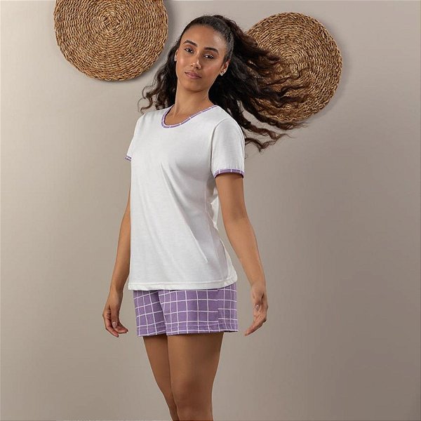 Pijama Feminino Shorts Xadrez Lilás