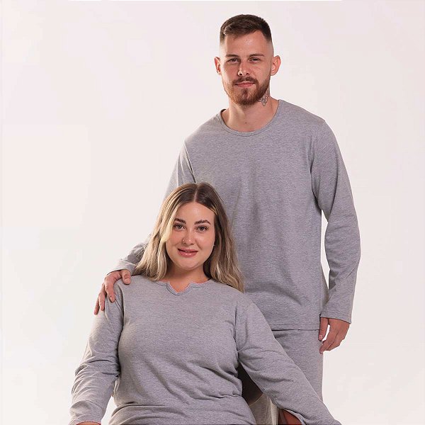 Pijama Feminino Longo Cinza Mescla