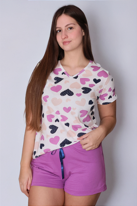 Pijama Feminino Verão Lilás Corações