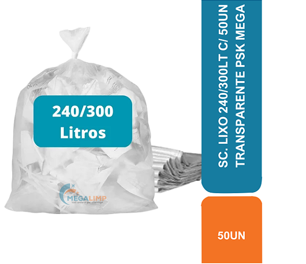 SC. LIXO 240/300LT C/ 50UN TRANSPARENTE PSK MEGA