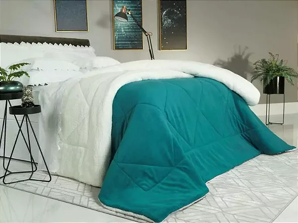 Edredom Casal Pele de Carneiro e Plush - Sherpa Madrid Azul Porto