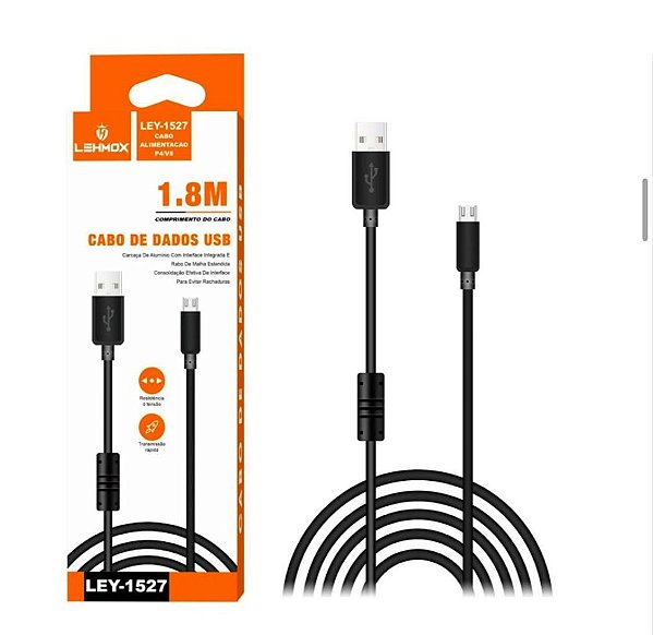 Cabo 1.8M Lehmox LEY-1527 - V8/Micro USB Para Controle PS4