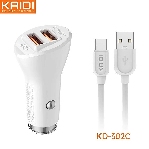 Carregador Veicular Kaidi KD-302C – Turbo 3.0, Tipo-C e Duplo USB