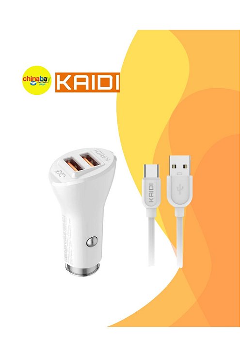 Carregador Veicular Kaidi KD-302C – Turbo 3.0, Tipo-C e Duplo USB