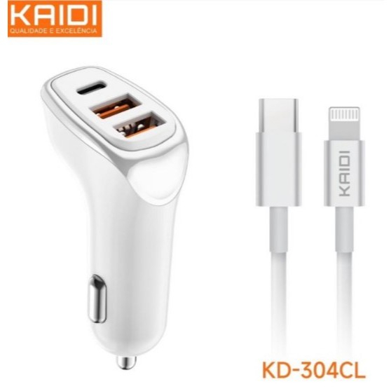 Carregador Veicular Kaidi KD-304CL – Turbo, USB-C e Duplo USB