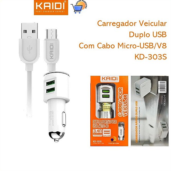 Carregador Veicular Kaidi KD-303S – Rápido, Duplo USB