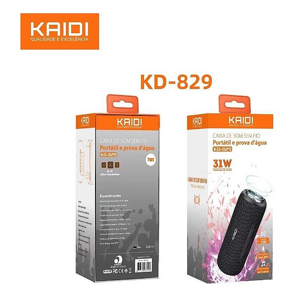 Caixa de Som Bluetooth Kaidi KD-829 – 31W, Portátil e à Prova d'Água