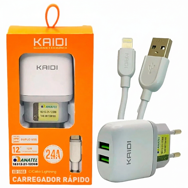 Carregador Kaidi KD-556A – Duplo USB + Cabo /Lightning | 2.4A