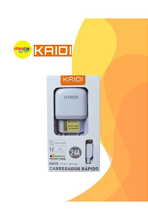 Carregador Kaidi KD-556A – Duplo USB + Cabo /Lightning | 2.4A