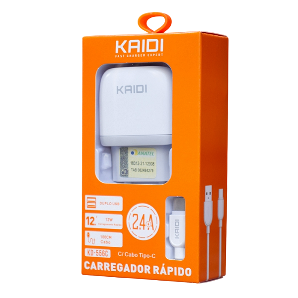 Carregador Rápido Kaidi KD-556C – 2 USB + Cabo Tipo-C 2.4A