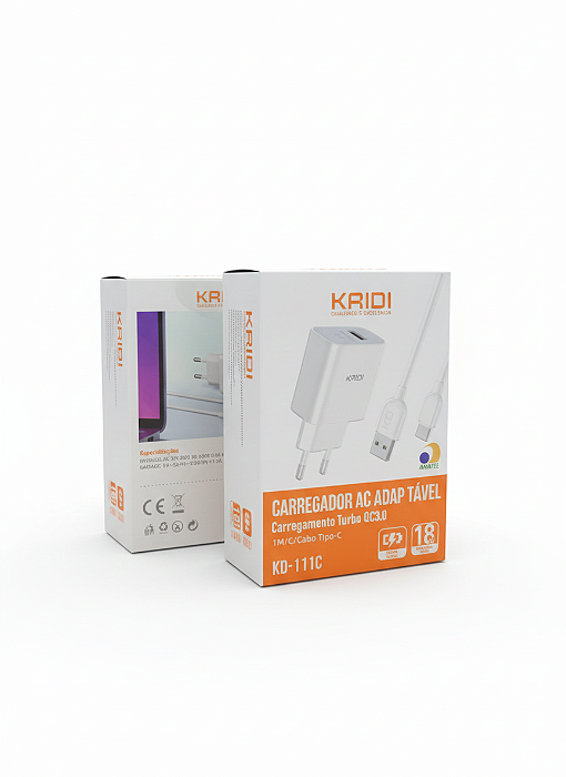 Carregador Turbo Kaidi KD-111C + Cabo Tipo-C – Saída USB 18w
