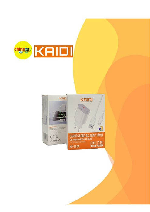 Carregador Turbo Kaidi Kd-550A + Cabo Iphone- Saida USB 18W