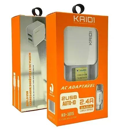 Carregador Rápido Kaidi KD-301S – 2 USB + Cabo Micro USB 2.4A