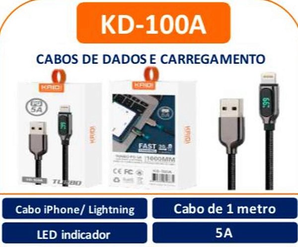 Cabo USB para Lightning/IOS Turbo Kaidi KD-100A – 1 Metro