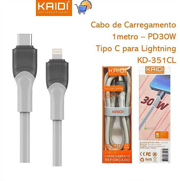 Cabo Tipo-C para Lightning Kaidi KD-351CL – 1 Metro, Carregamento Rápido