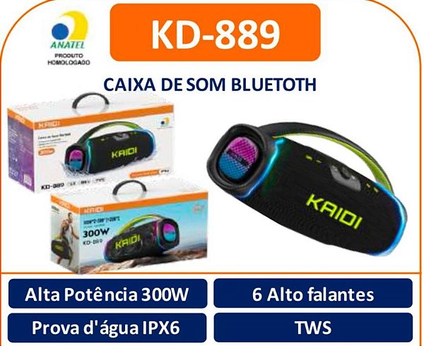 Caixa de Som Bluetooth Kaidi KD-889 – 300W, à Prova d'Água IPX6, TWS