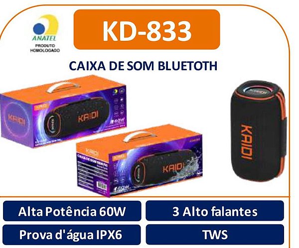 Caixa de Som Sem Fio Kaidi KD-833 – Potência de 60W e Resistência IPX6